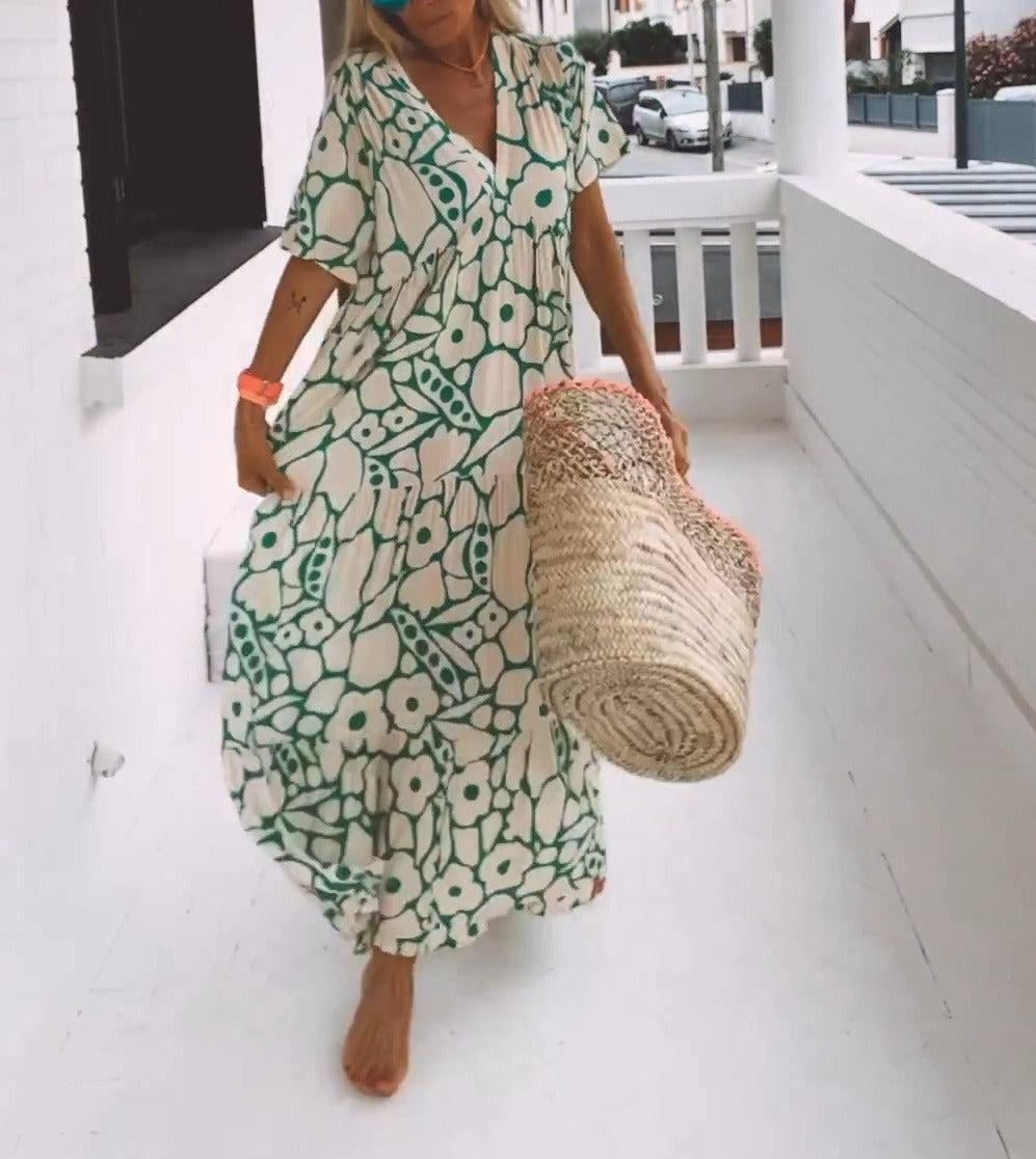 Groene Maxi Jurk met Korte Mouwen en Print – Elisa