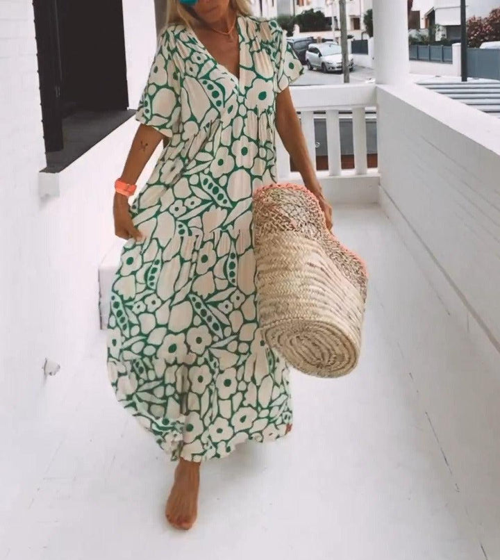 Groene Maxi Jurk met Korte Mouwen en Print – Elisa