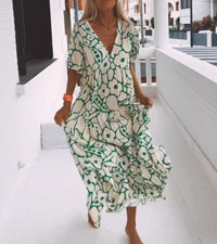 Groene Maxi Jurk met Korte Mouwen en Print – Elisa