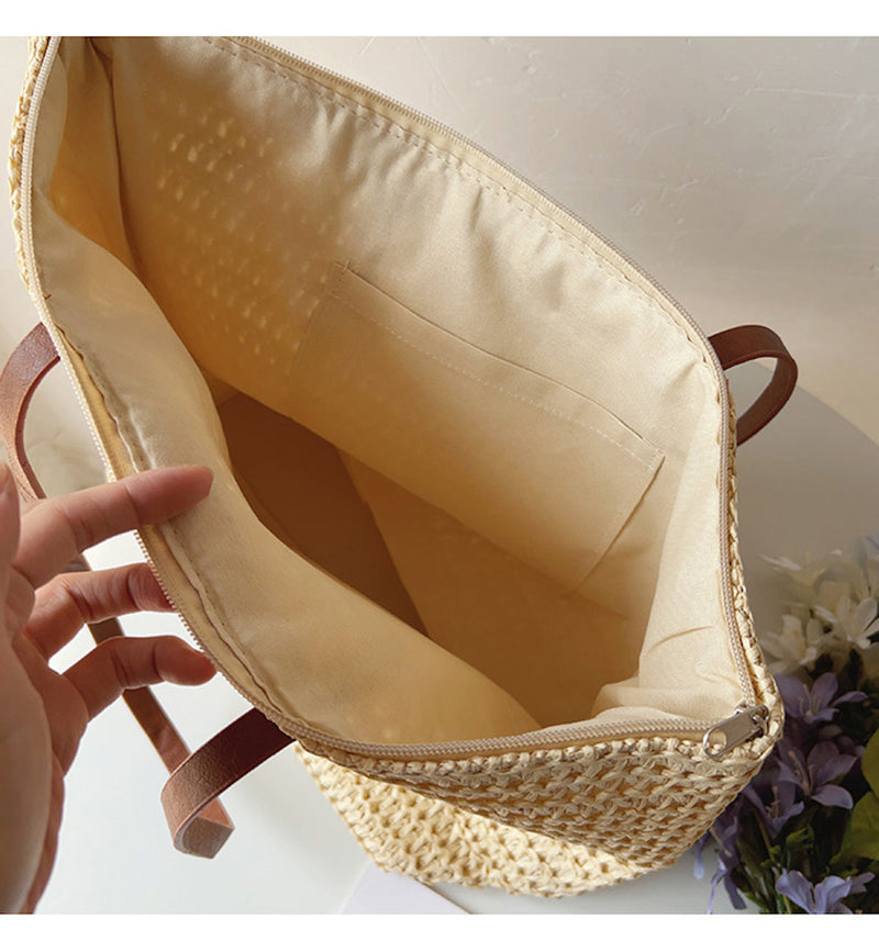 Riet Geweven Tas met Leren Banden -  SummerBreeze Tote