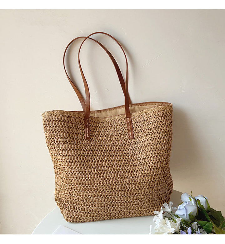 Riet Geweven Tas met Leren Banden -  SummerBreeze Tote