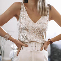 Glanzende dames pailletten top met spaghettibandjes – Liora