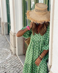 Bedrukte Maxi Jurk met Tailleband – Aurelia