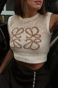 Beige Gebreide Dames Top met Vintage Jacquardpatroon – Mireille