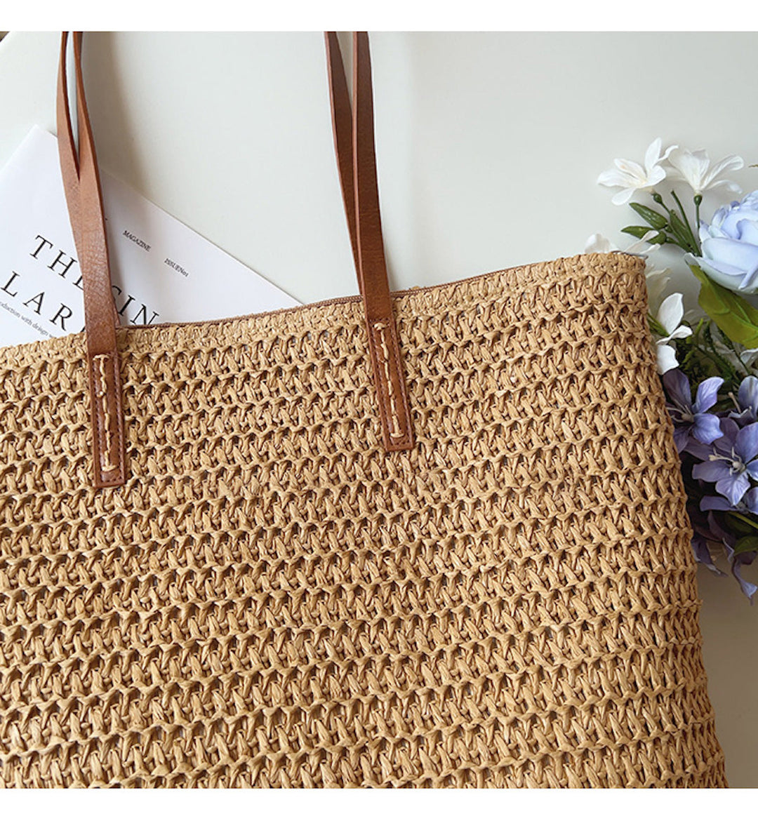 Riet Geweven Tas met Leren Banden -  SummerBreeze Tote
