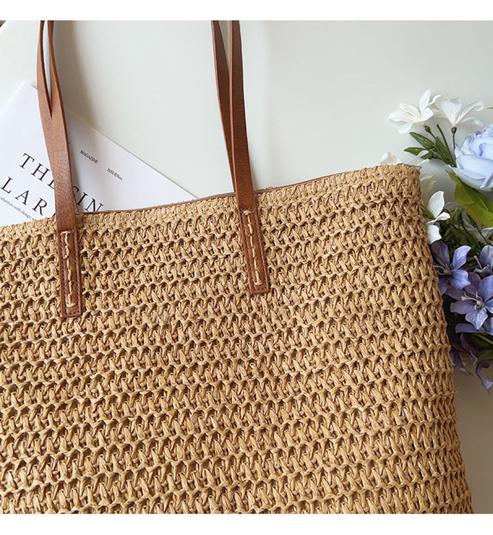 Riet Geweven Tas met Leren Banden -  SummerBreeze Tote