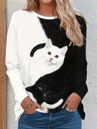 T-shirt met Kattenprint en Trendy Kleurblokken - Marit