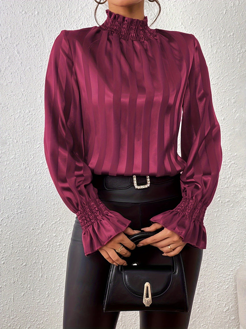 Satijnen Dames Blouse Met Lange Mouwen En Shirred Kraag – Noëlle