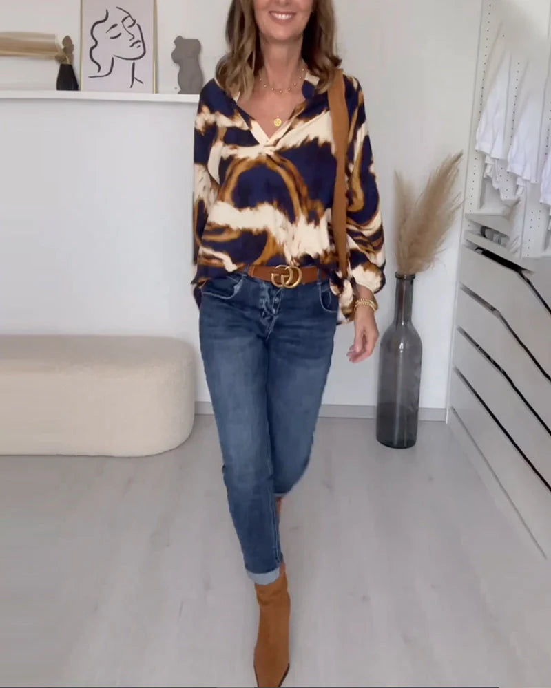 Herfstblouse met print en V-hals