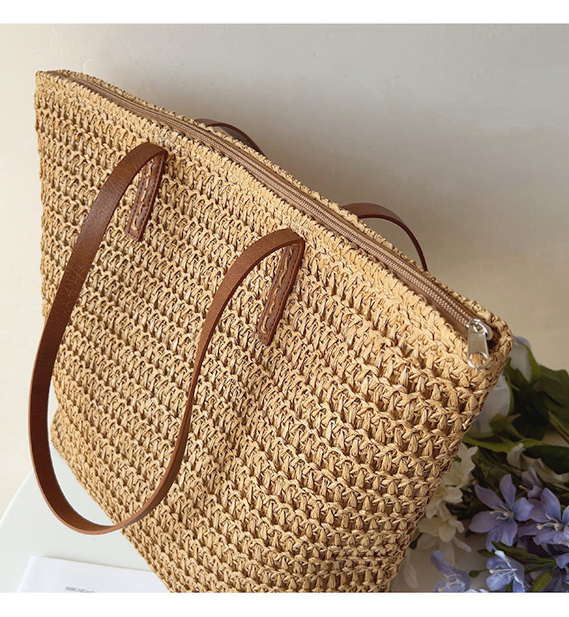 Riet Geweven Tas met Leren Banden -  SummerBreeze Tote