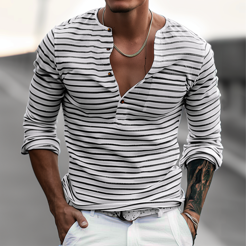 Gestreept Henley Shirt Met Lange Mouwen – Dorian