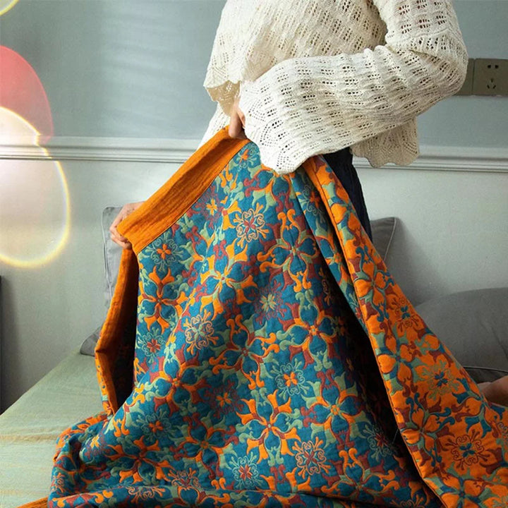 Oranje & Blauw Patroon Zeslaags Katoenen Quilt - TerraLoom