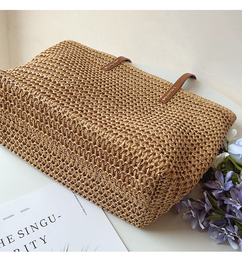 Riet Geweven Tas met Leren Banden -  SummerBreeze Tote