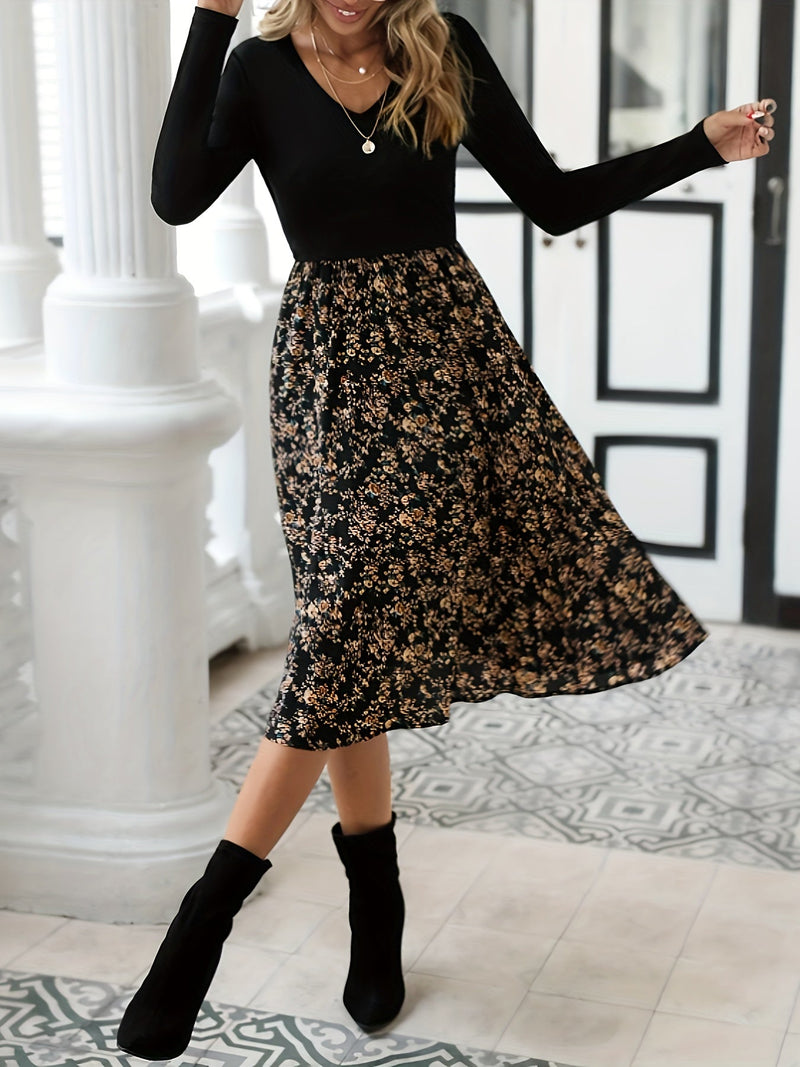 Bloemenprint V-Hals Jurk met Lange Mouwen - Lilith