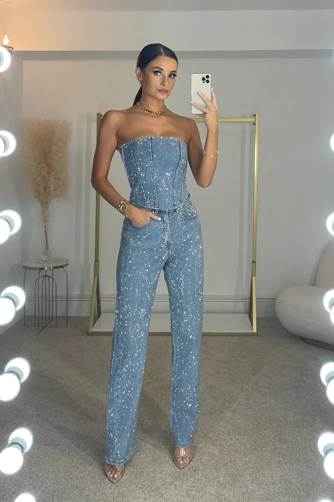Glinsterende Dames Broekset met Hoge Taille Jeans – Liora