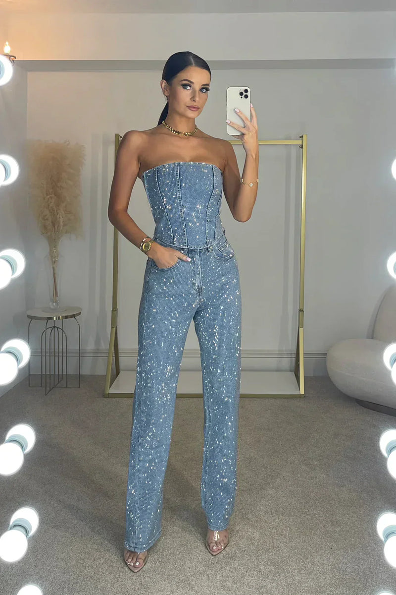 Glinsterende Dames Broekset met Hoge Taille Jeans – Liora