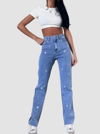 Dames Stretch Jeans met Wijde Pijpen en Hartjesprint - Amelie