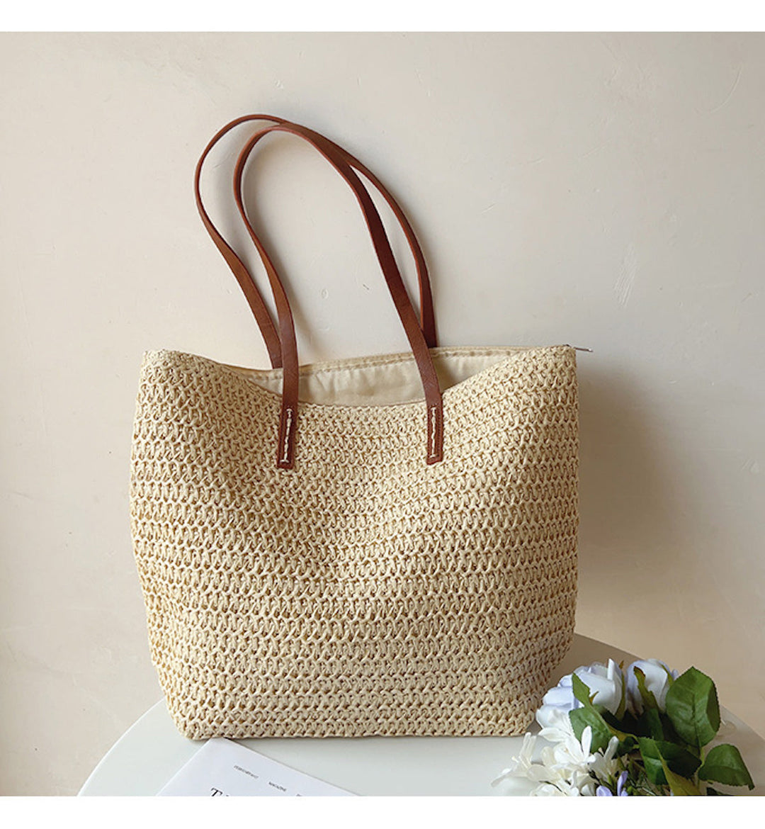 Riet Geweven Tas met Leren Banden -  SummerBreeze Tote