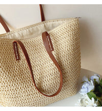 Riet Geweven Tas met Leren Banden -  SummerBreeze Tote