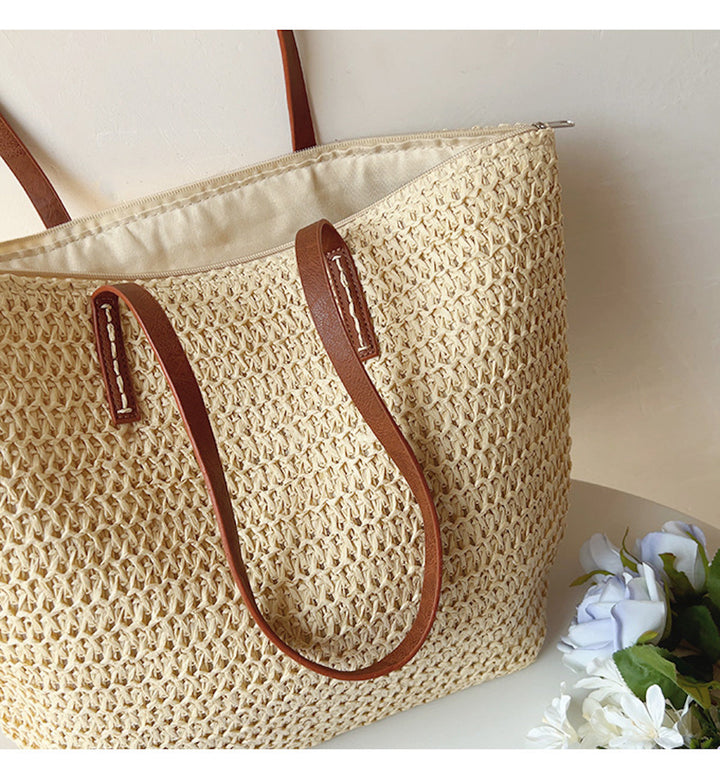 Riet Geweven Tas met Leren Banden -  SummerBreeze Tote