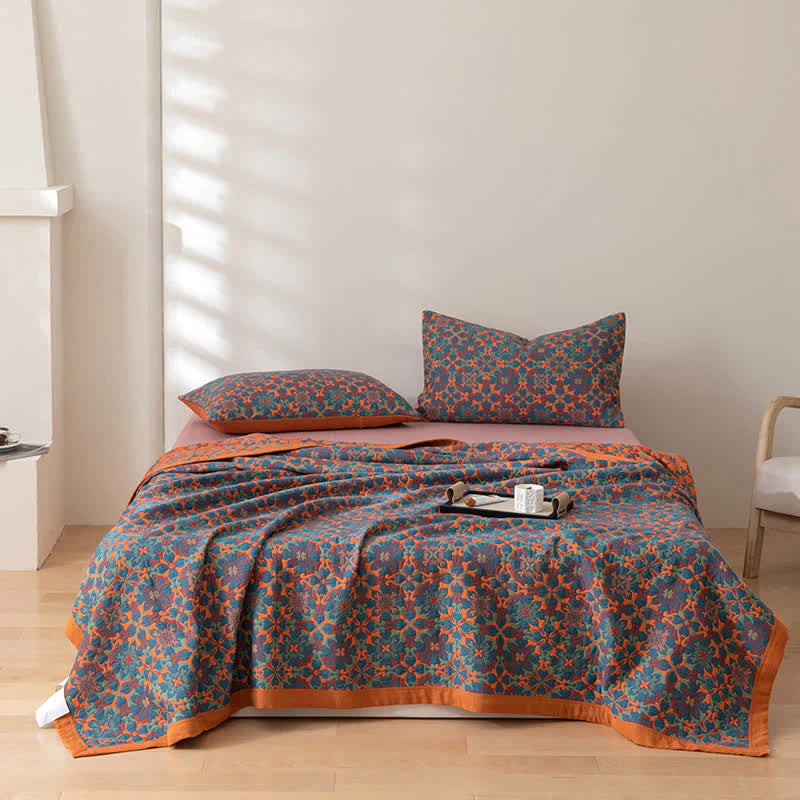 Oranje & Blauw Patroon Zeslaags Katoenen Quilt - TerraLoom