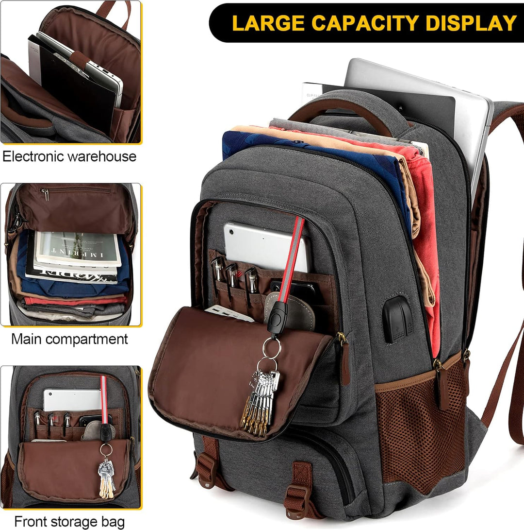 Anti-Diefstal Canvas Laptop- & Reisrugzak met USB-poort – Geschikt voor laptops tot 17,3"