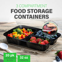 Maaltijd Prep Containers – 3 Compartiment Bento Dozen met Deksel 900 ml [20 Pack]