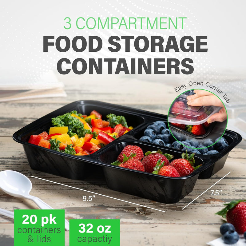Maaltijd Prep Containers – 3 Compartiment Bento Dozen met Deksel 900 ml [20 Pack]