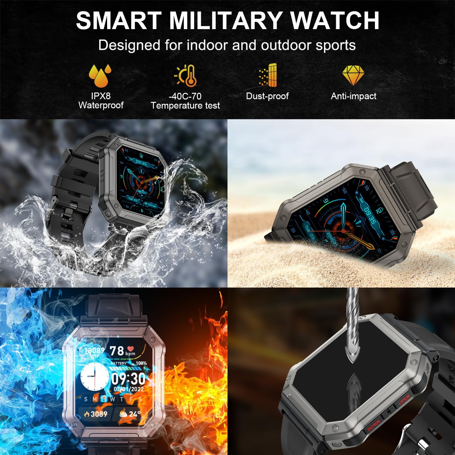 Militaire Smartwatch voor Mannen met Fitness Tracker - Wayne