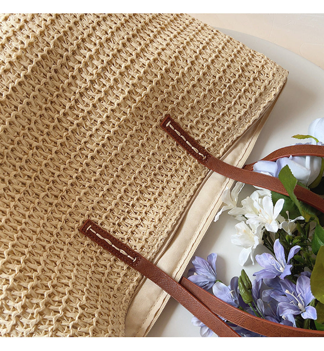 Riet Geweven Tas met Leren Banden -  SummerBreeze Tote