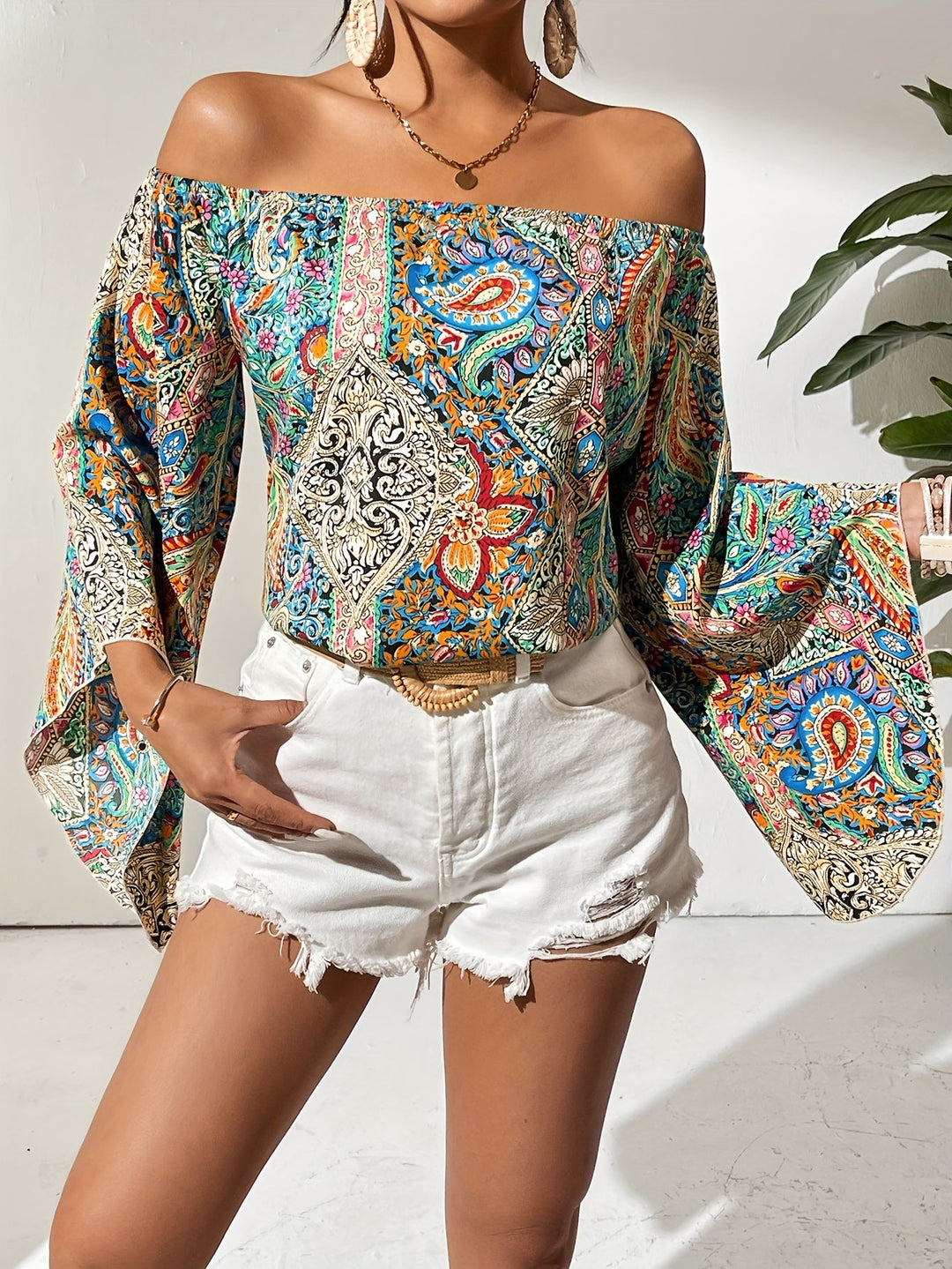 Off-Shoulder Blouse met Geometrische Print – Noémie