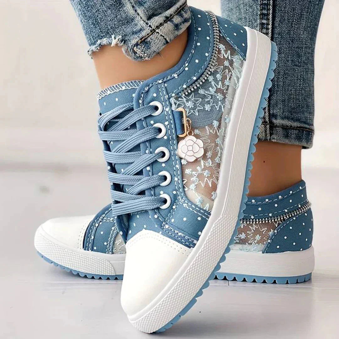 Ademend Dames Canvas Sneakers met Bloemenkant - Celina