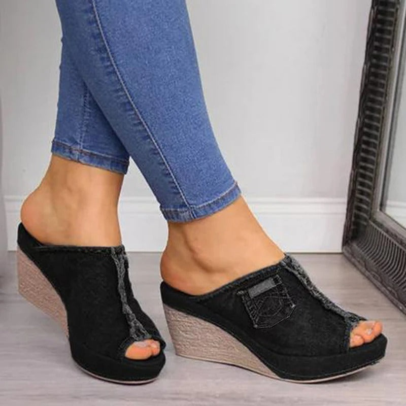 Dames Denim Sandalen met Wedge Hak – Elisabetta