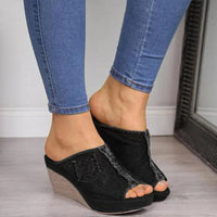 Dames Denim Sandalen met Wedge Hak – Elisabetta