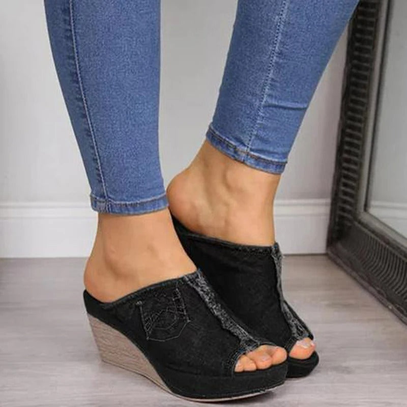 Dames Denim Sandalen met Wedge Hak – Elisabetta