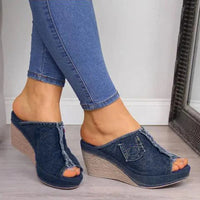 Dames Denim Sandalen met Wedge Hak – Elisabetta