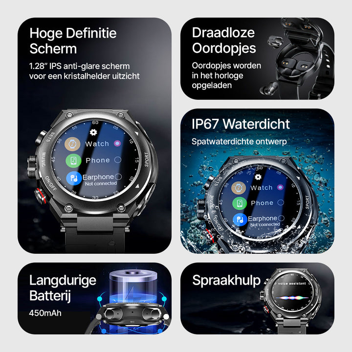 Complete Smartwatch met Geïntegreerde Draadloze Oordoppen - AlphaX