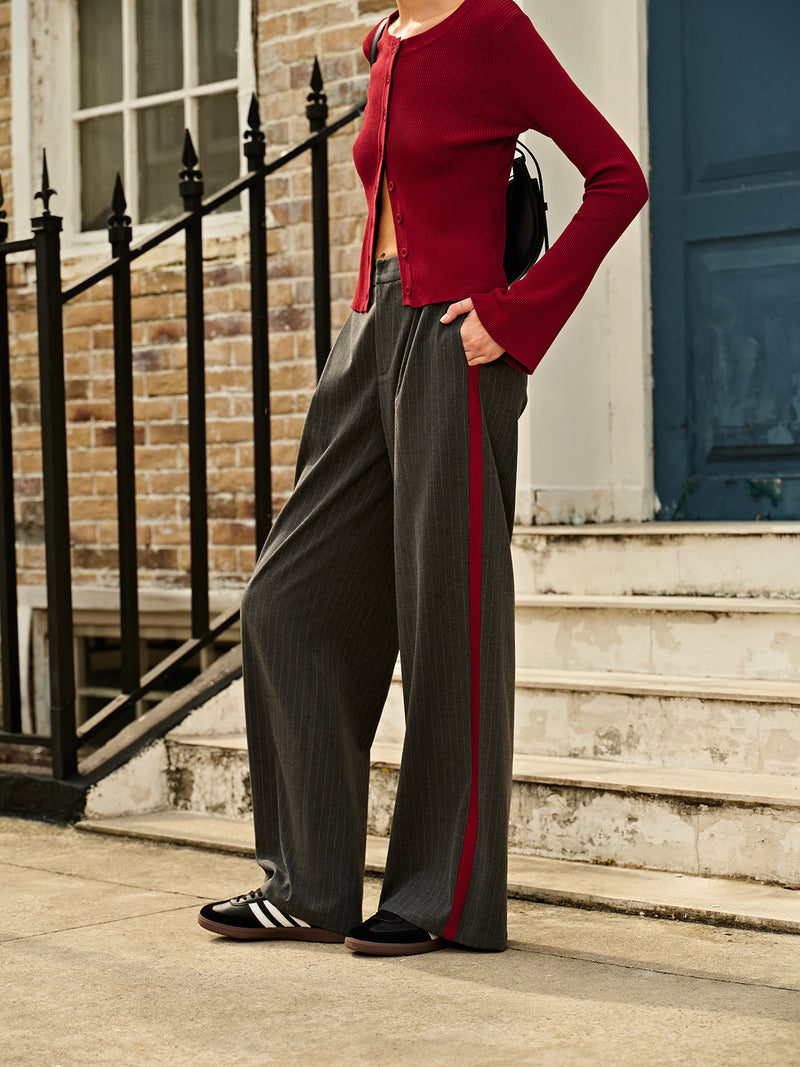 Modne spodnie w paski kredowe z wysokim stanem - Liora