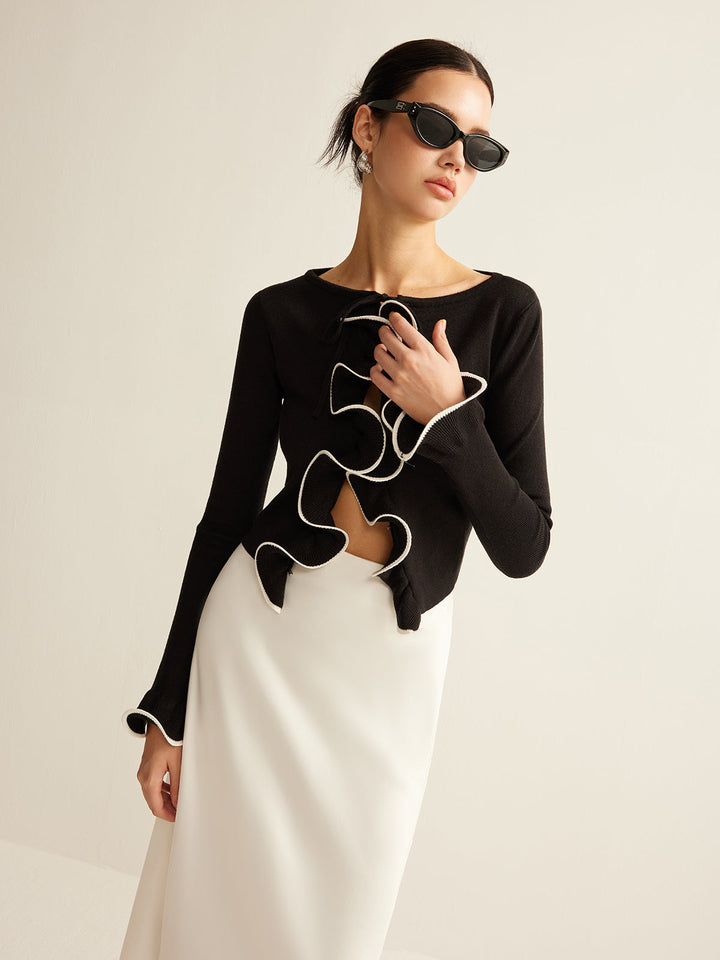 Czarny obcisły kardigan z falbanką dla kobiet - Isabella