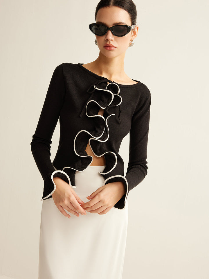 Czarny obcisły kardigan z falbanką dla kobiet - Isabella