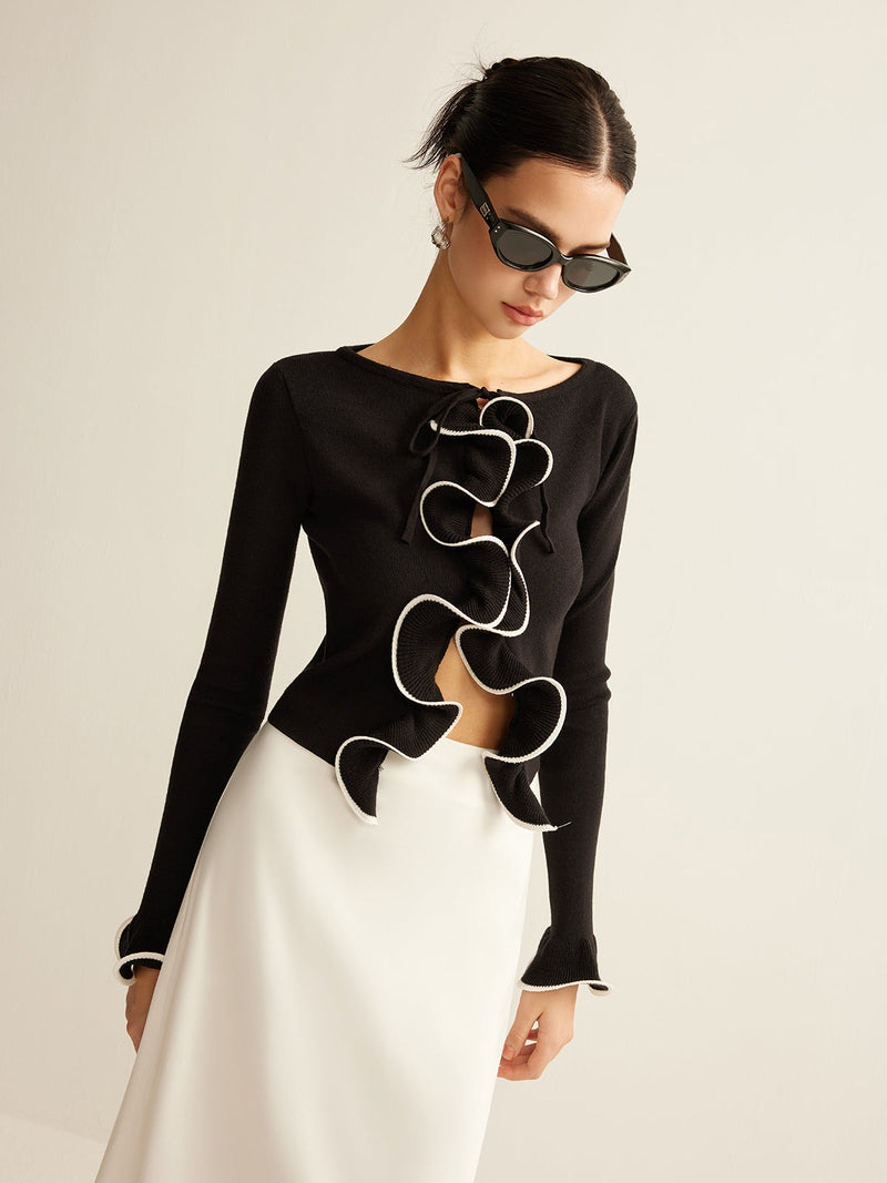 Czarny obcisły kardigan z falbanką dla kobiet - Isabella