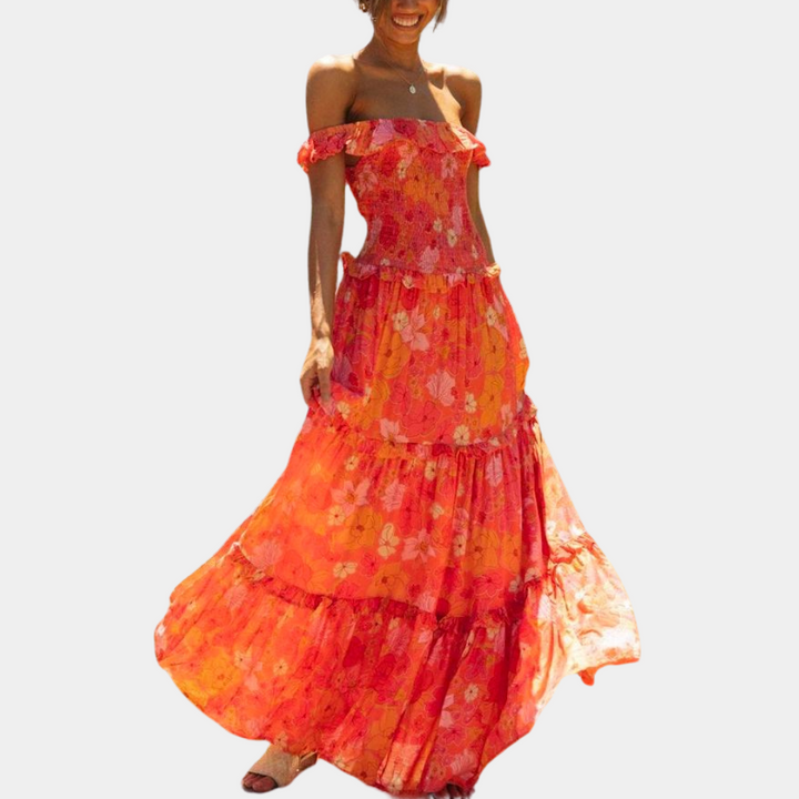 Trendy Oranje Bloemenprint Jurk - Elara
