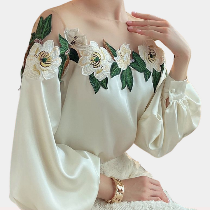 Gebloemde Beige Damesblouse met Losse Pasvorm – Elvira