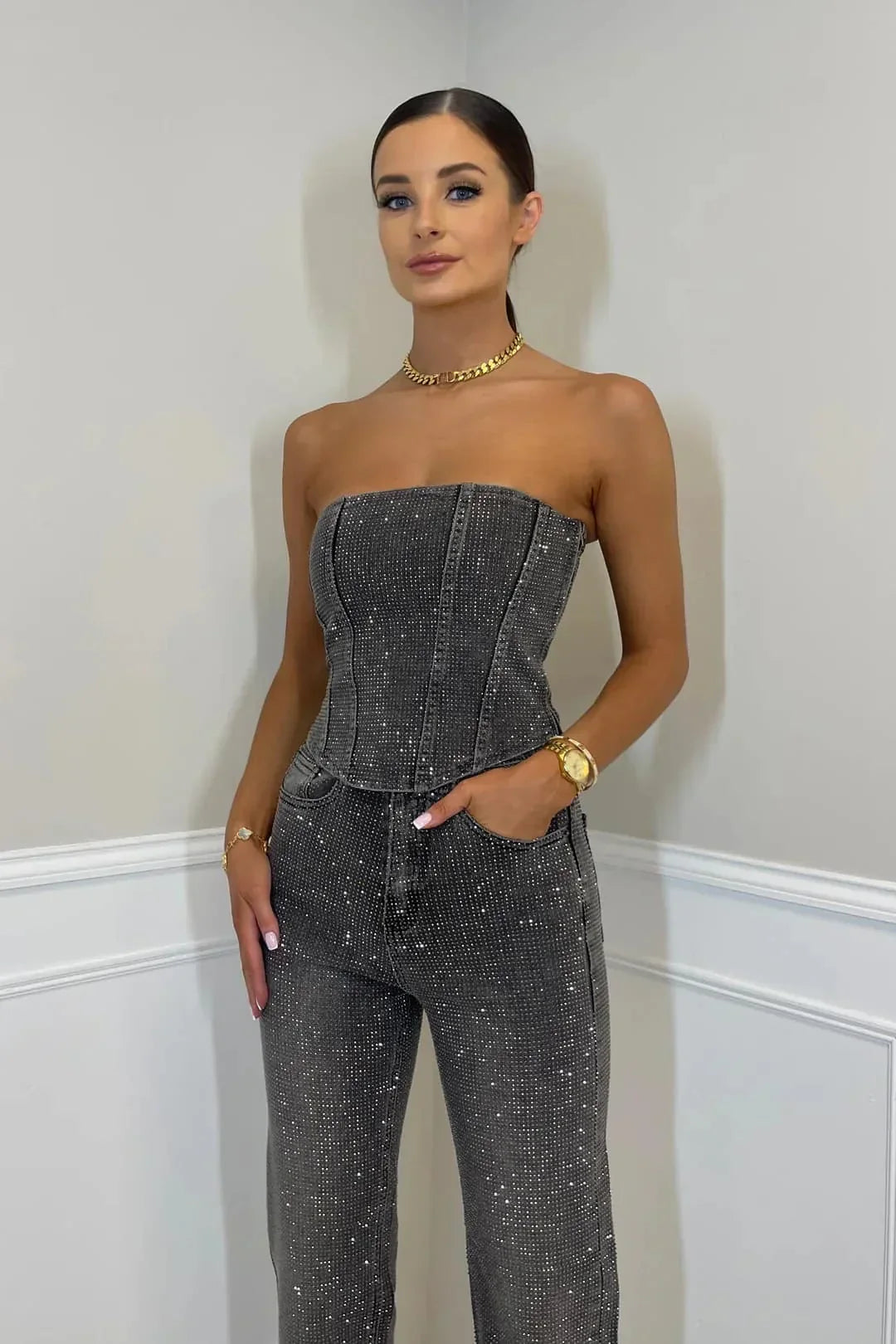 Glinsterende Dames Broekset met Hoge Taille Jeans – Liora