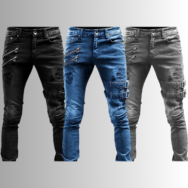 Heren Denim Jeans met Gespen en Ritsen - TitanEdge