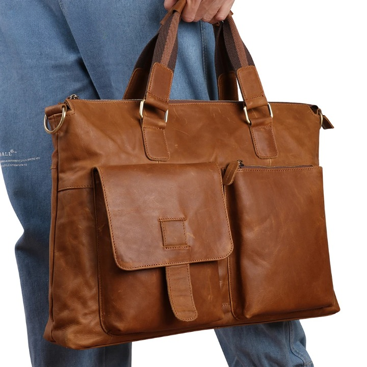 Grote Echte Leren Vintage Laptoptas