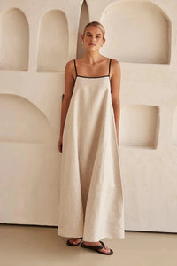 Mouwloze Beige Boho Maxi Jurk in Linnenlook – Elin