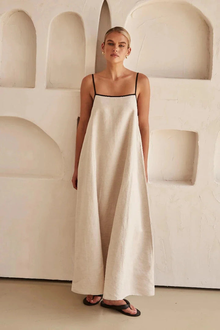 Mouwloze Beige Boho Maxi Jurk in Linnenlook – Elin