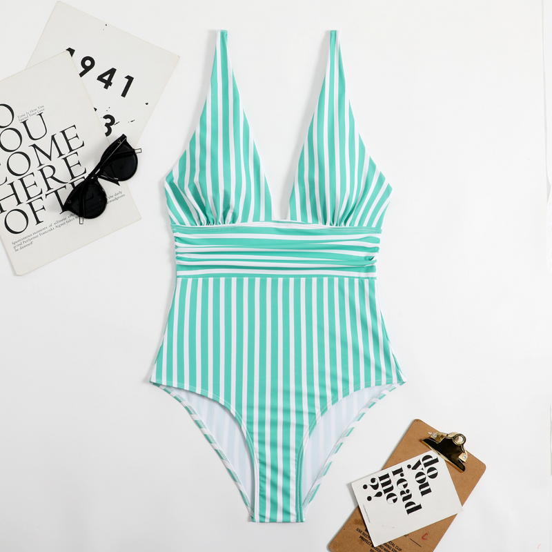 Trendy Dames Badpak met V-hals en Streeppatroon – Lina