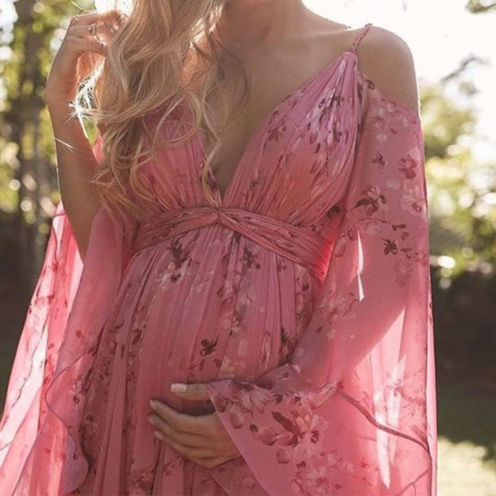 Zwierige Roze Chiffonjurk met Uitlopende Mouwen - Isabelle